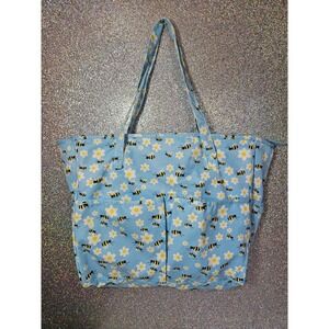 Blue Bumblebee Daisy Floral Canvas Tote Bag Travel, Knitting, Shopping, CarryAll
